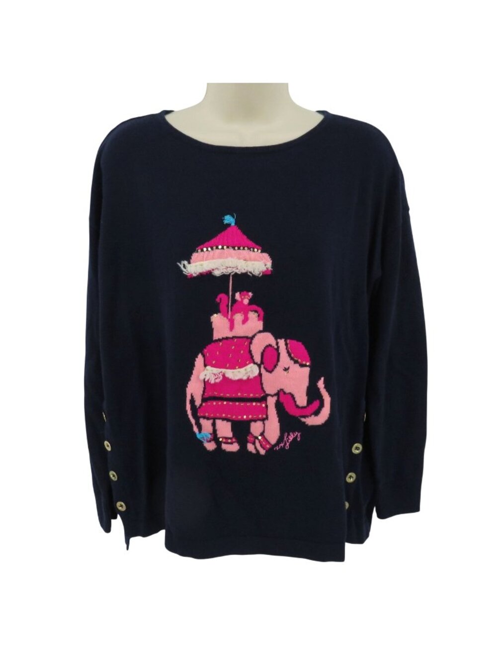 Lilly Pulitzer Women Small 000621 Caralynn Elephant Sweater Blue Gold Buttons